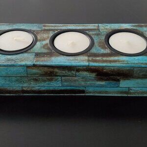 Rustic Cottage Style Tealight Block Candleholder w/ Aqua Brick Tiled Design